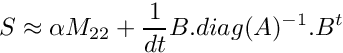 \[ S \approx \alpha M_{22} + \frac{1}{dt} B.diag(A)^{-1}.B^t \]